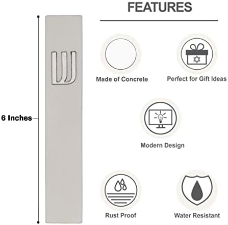A&S Mezuzot Modern Concrete Mezuzah Case with Scroll, Easy Peel and Stick Mezuza (Grey+ Silver Shin, 6 Inches)