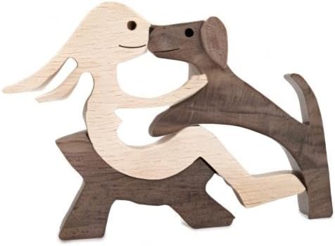 ISHINE Handmade Wooden Statue, Sitting Woman and Dog, Wood Decor Accents Craft Figurine for Bedroom Home Office Shelf Decor Gift Natural ECO Friendly