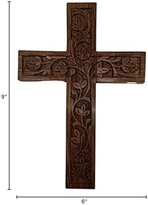 IBLAY Hand Carved Wooden Wall Cross – Rustic Christian Cross Wall Decor, Handmade Floral Carving Crucifix for Home, Living Room, Bedroom, Church & Prayer Room, Religious Gift (9 X 6 Inch)