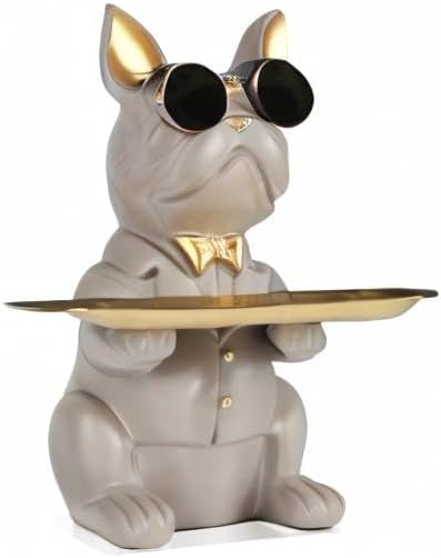 Modern Decor Resin Gray Bulldog Tray Statue Tray Storage Key Holder Candy Jewelry Earrings Tray Suitable for Home Decor Modern Art Dining Table Decor Office Small Object Tray (Gray)