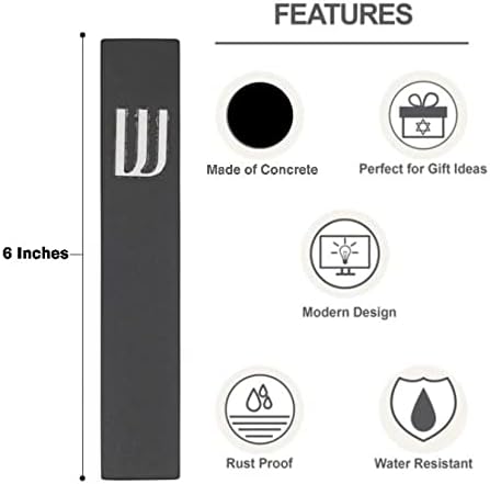 A&S Mezuzot Modern Concrete Mezuzah Case with Scroll, Easy Peel and Stick Mezuza (Black+ Silver Shin, 6 Inches)