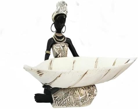 Lescafita African Woman Resin Tray Figurine, White Leaf Decorative Bowl Sculpture, Boho Tribal Art Statue for Jewelry Storage and Home Decor