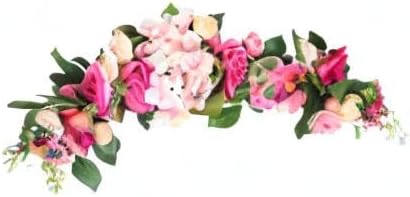 LIFKOME Wedding Arch Flowers Rustic Artificial Rose Flower Swag Door Wreath for Lintel Home Wall Decor 28X6X3 Inches Pink Green Leaves