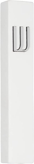 A&S Mezuzot Modern Concrete Mezuzah Case with Scroll, Easy Peel and Stick Mezuza (White+ Silver Shin, 6 Inches)