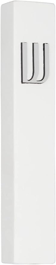 A&S Mezuzot Modern Concrete Mezuzah Case with Scroll, Easy Peel and Stick Mezuza (White+ Silver Shin, 6 Inches)