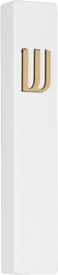 A&S Mezuzot Modern Concrete Mezuzah Case with Scroll, Easy Peel and Stick Mezuza (White+ Gold Shin, 9 Inches)