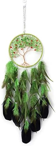 Pretty Jolly Green Tree of Life Dream Catcher Wall Decor with Healing Crystal Stone Handmade Feather Dream Catchers Decoration Wall Hanging Bedroom Living Room Wedding Party Home Decor-25.6"