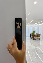 A&S Mezuzot Quartz Mezuzah Case with Engraved Shin Design Easy Peel and Stick Judaica Door Mezuza (Black + GOLD, 6 Inches)