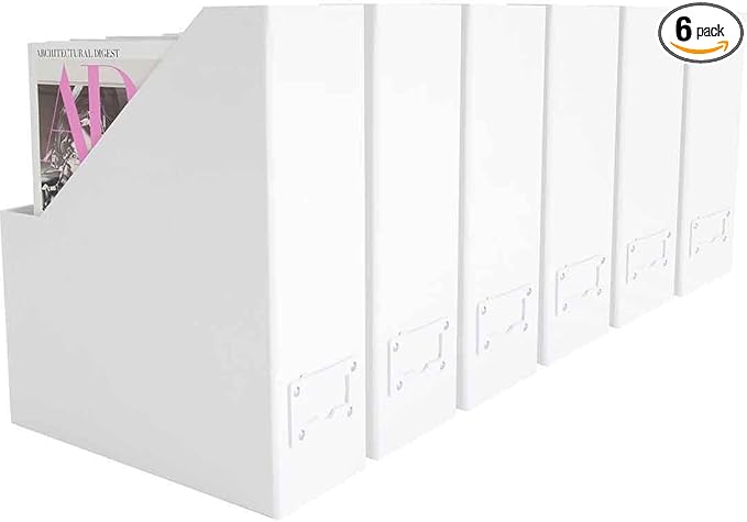 BLU MONACO Set of 6 Foldable White Magazine File Holders | Vertical Desk File Organizer Boxes With Leather Label Holders | Stylish Cardboard Magazine Storage for Shelves, Workspace and Home Office