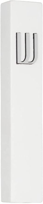 A&S Mezuzot Modern Concrete Mezuzah Case with Scroll, Easy Peel and Stick Mezuza (White+ Silver Shin, 5 Inches)