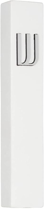 A&S Mezuzot Modern Concrete Mezuzah Case with Scroll, Easy Peel and Stick Mezuza (White+ Silver Shin, 11 Inches)