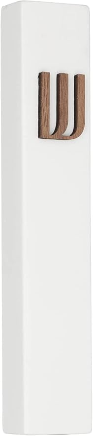 A&S Mezuzot Modern Concrete Mezuzah Case with Scroll, Easy Peel and Stick Mezuza (White+ Wood Shin, 9 Inches)