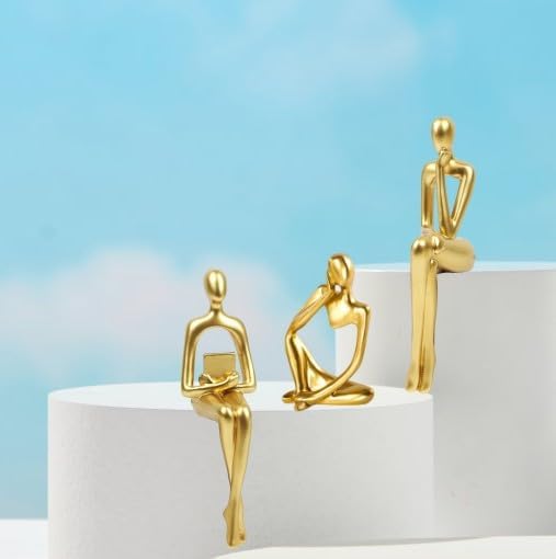 Prettidecor Gold Home Decor Thinker Statue Accents, Set of 3 Thinker Sculptures Office Decor Modern Abstract Resin Decoration on Shelf Table Desk for Living Room Office Bedroom (Gold, Large)