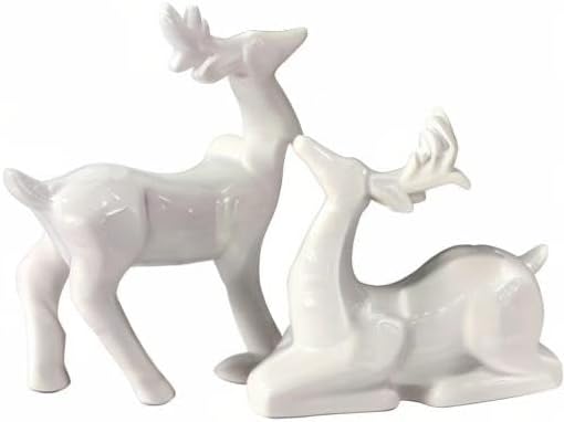 Porcelain Christmas Reindeer Figurines, Pack 2 Mini Animal Reindeer Decor Deer Statues Sculpture Tabletop Ornaments for Cabinet Mantel Shelves Fireplace Home Décor Accents Collectible Figurines
