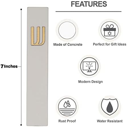A&S Mezuzot Modern Concrete Mezuzah Case with Scroll, Easy Peel and Stick Mezuza (Grey+ Gold Shin, 6 Inches)