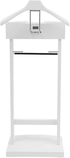 Valet Stand with Drawer and Top Tray, Wood Mens Suit Valet Stand with Wood Base, Freestanding Clothes Valet Stand with Hanger, Storage Organizer for Entryway Office Living Room (B, White)