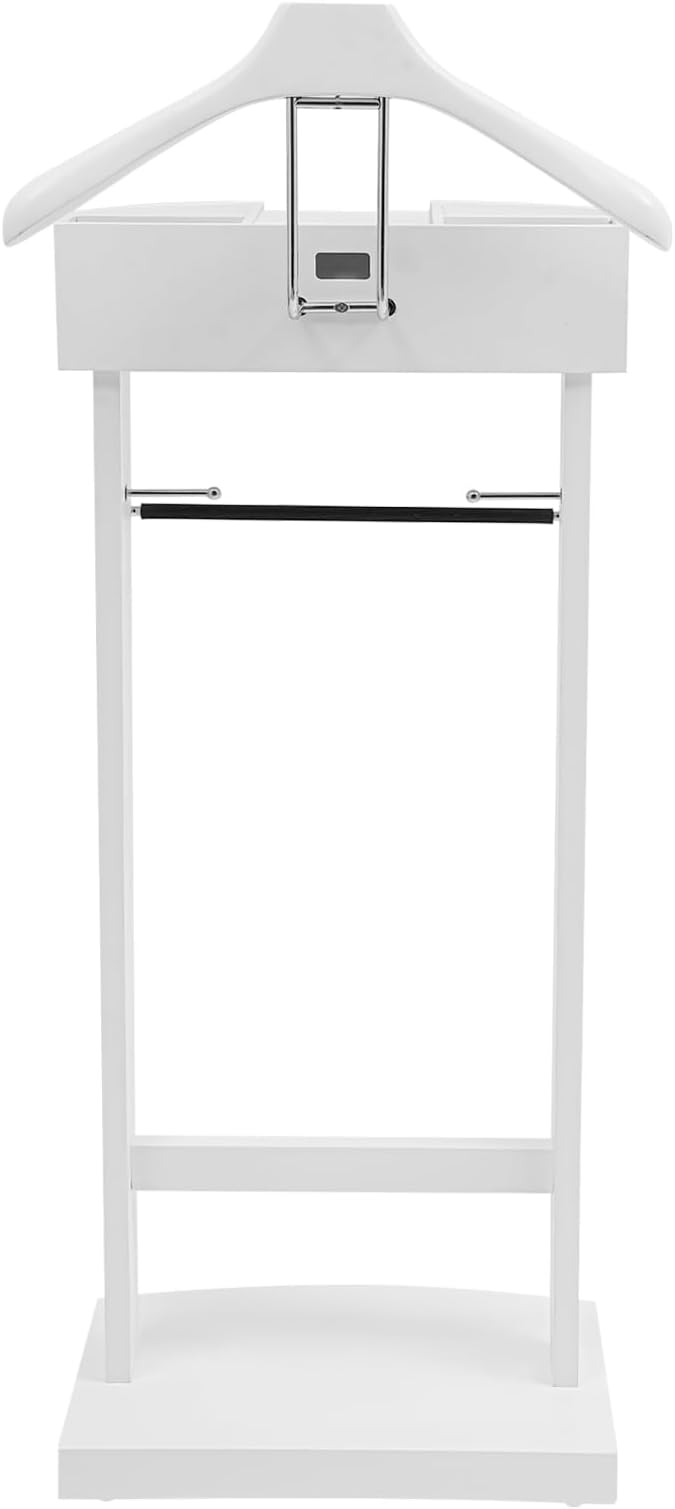 Suit Valet Stand for Men, Wood Freestanding Clothing Rack with Drawer, Top Tray, Contour Hanger, Trouser Bar, Tie & Belt Hooks and Shoe Rack Suit Stand