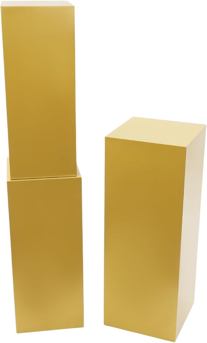 3 PCS Display Pedestal Stand, Metal Display Pedestal Stands Decoration Cube Sculpture Displays Column Square Displays Stands Pillars for Wedding Party Baby Shower Birthday (Gold, 3PCS)