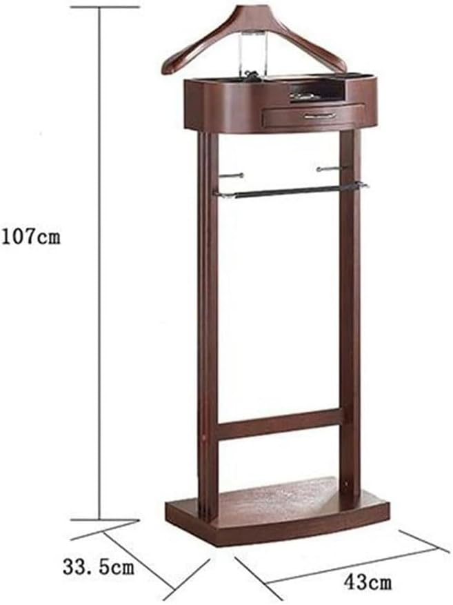 Suit Stands Butler Clothing Racks Wood Suit Valet Stand Clothes Rack with Base Floor Standing Suit Hanger Rack with Drawer, Top Tray,for Office Living Room Bed Room ﻿43X33.5X107CM(Brown)