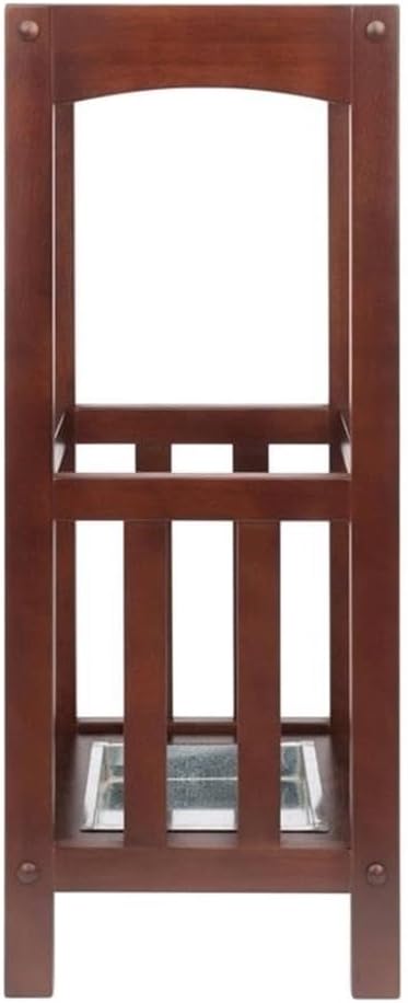 Pemberly Row Transitional Solid Wood Umbrella Stand with Tray, Walnut Finish, 26.77 in Height, Single Shelf Storage, Compact Entryway Organization Piece for Hallway or Foyer