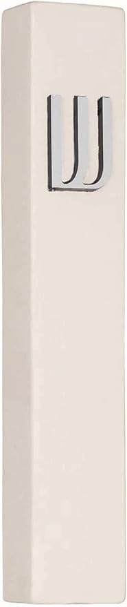 A&S Mezuzot Modern Concrete Mezuzah Case with Scroll, Easy Peel and Stick Mezuza (Ivory+ Silver Shin, 7 Inches)
