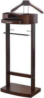 Valet Stand for men, Wood Suit Rack, Freestanding clothing valet stand, valet stand for women with Drawer, Top Tray, Contour Hanger, Trouser Bar, Tie & Belt Hooks and Shoe Rack organizer