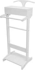 Gdrasuya10 Wood Suit Rack Suit Stand for Man and Women Clothes, Freestanding Valet Stands with Drawer & Holder for Entryway Office Living Room, 22 lbs Load, Space Saving (White)
