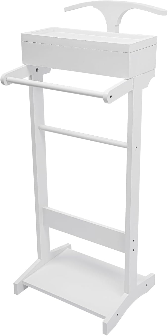 Wood Suit Rack Suit Stand for Man and Women Clothes Valet Suit with Drawer Freestanding Wood Mens Valet Stand for Entryway Office Living Room (White)