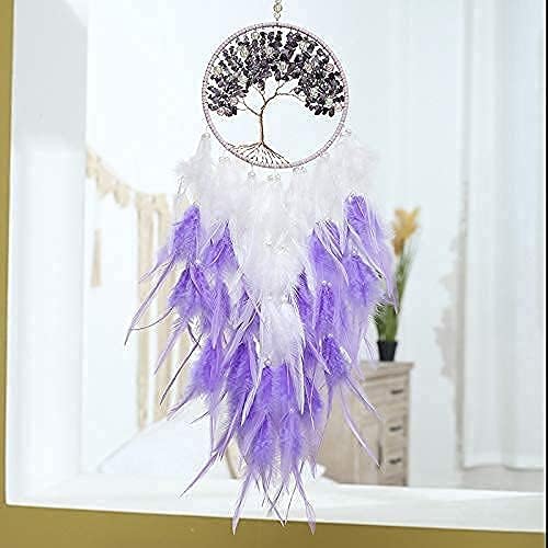 Pretty Jolly Fairy Purple Tree of Life Dream Catcher Wall Decor with Healing Crystal Stone Handmade Feather Dream Catchers Decoration Wall Hanging Ornaments for Bedroom Wedding Party Home Decor-25.6"
