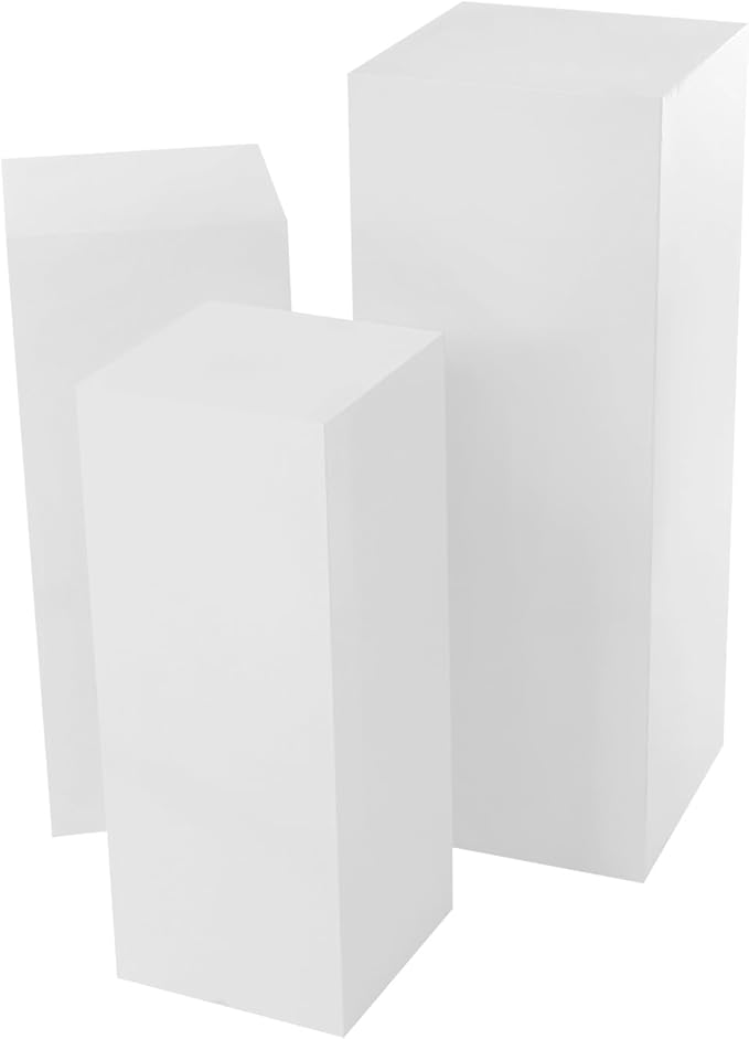 3 PCS Display Pedestal Stand, Metal Display Pedestal Stands Decoration Cube Sculpture Displays Column Square Displays Stands Pillars for Wedding Party Baby Shower Birthday (White, 3PCS)