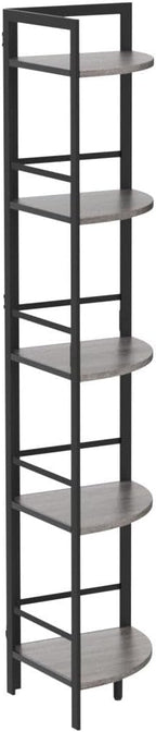 BON AUGURE Rustic Corner Shelf Stand, Tall Industrial Corner Bookshelf, Wood Metal 5 Tier Bookcase Shelves, Display Shelving Unit for Kitchen, Living Room (Dark Grey Oak)