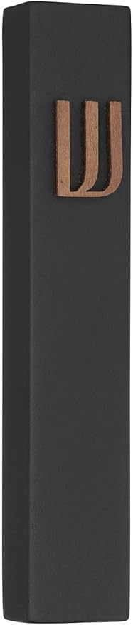 A&S Mezuzot Modern Concrete Mezuzah Case with Scroll, Easy Peel and Stick Mezuza (Black+ Wood Shin, 7 Inches)