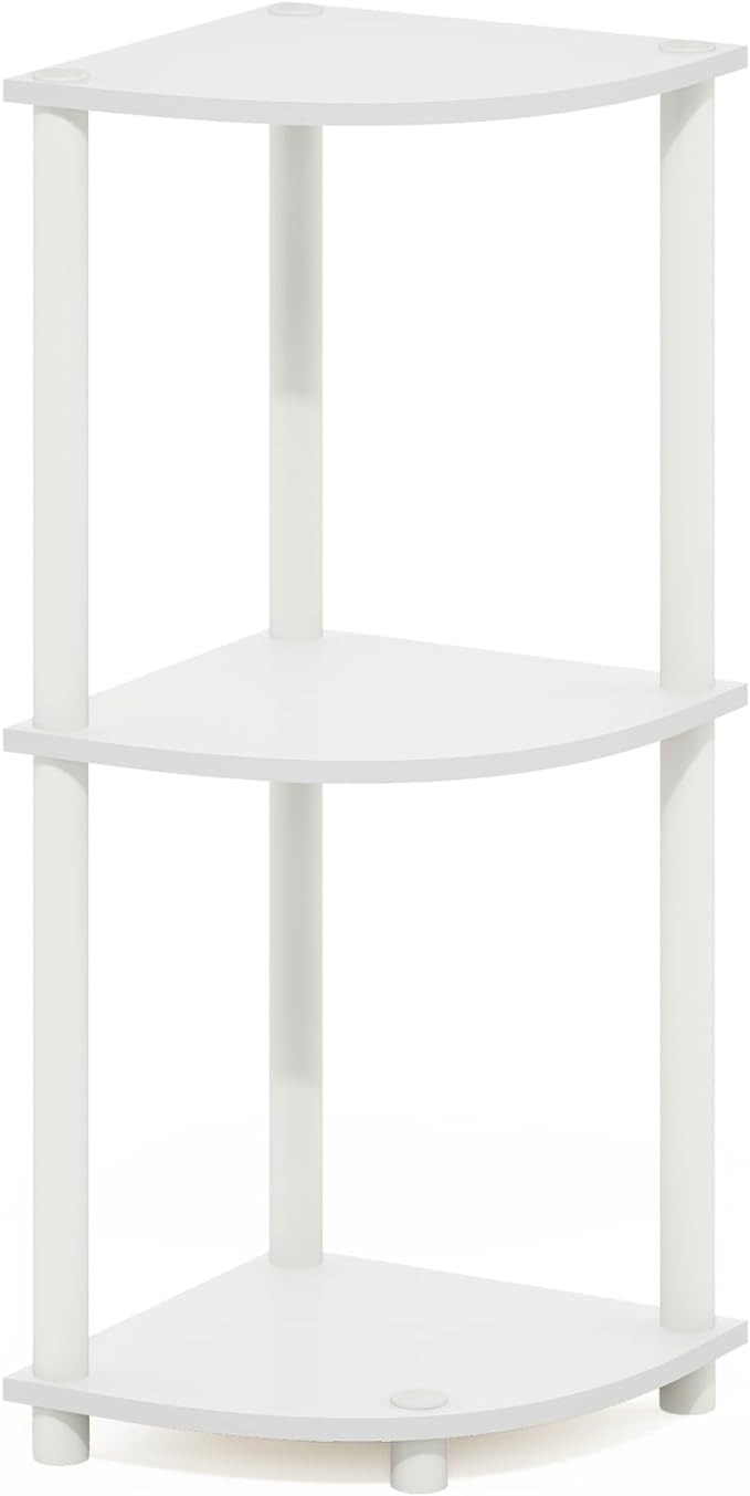 Furinno Turn-N-Tube Corner Shelf, 3-Tier Corner Bookshelf, Display Storage Shelves with Open Shelves, for Organization and Storage, Living Room, Home Office, Garage, White