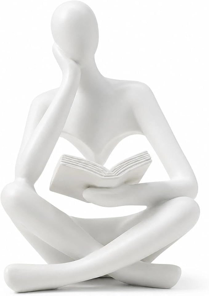 White Bookshelf Decor Thinker Statue, Abstract Reading Figurine Style A, Resin Decorative Bookend for Coffee Table, Shelf, Home Office, Library