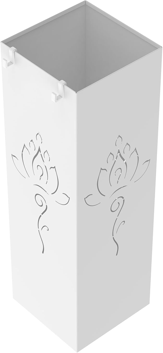 Square Metal Umbrella Holder, Square Free Standing Umbrella Rack Decorative Umbrella Holder Hollow Cutout Pattern Design for Umbrella Cane Entryway Home Office 19.49" X 6.1" X 6.1" (White hollowed out