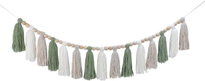 DrCor Sage Green Tassel Garland – Boho Classroom Decor, Bulletin Board Decorations, Nursery Wall Hanging, Neutral Kids Room Decor, Baby Shower, Back to School Banner