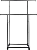 Fishat Black Simple Standard 2 Double Rod Clothing Metal Garment Rack for Hanging Clothes, Rolling Clothes Organizer with Mobile Lockable Wheels
