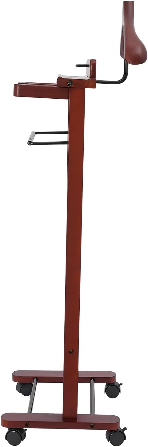 66.14 Lbs Capacity Wood Valet Stand, Clothes Valet Rack with 4 Universal Wheels, Freestanding Clothing Stand with Drawers Tie Rods and Shoe Rack, Reddish Orange