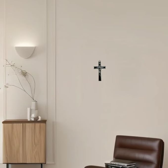BONITTER Antique Silver Crucifix Wall Cross-St. Benedict Metal Wall Art-5.0 InchX2.7 Inch Black White Brown Enamel Give Blessing and The Spiritual Sacred:Faith Gift for your Acquaintances (Black)