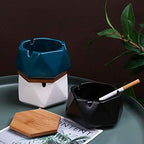 Simple Geometric Ceramic Ashtray with Bamboo Lid.