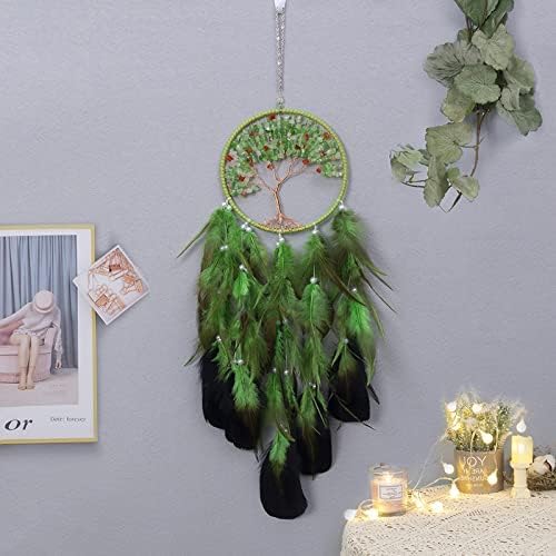 Pretty Jolly Green Tree of Life Dream Catcher Wall Decor with Healing Crystal Stone Handmade Feather Dream Catchers Decoration Wall Hanging Bedroom Living Room Wedding Party Home Decor-25.6"