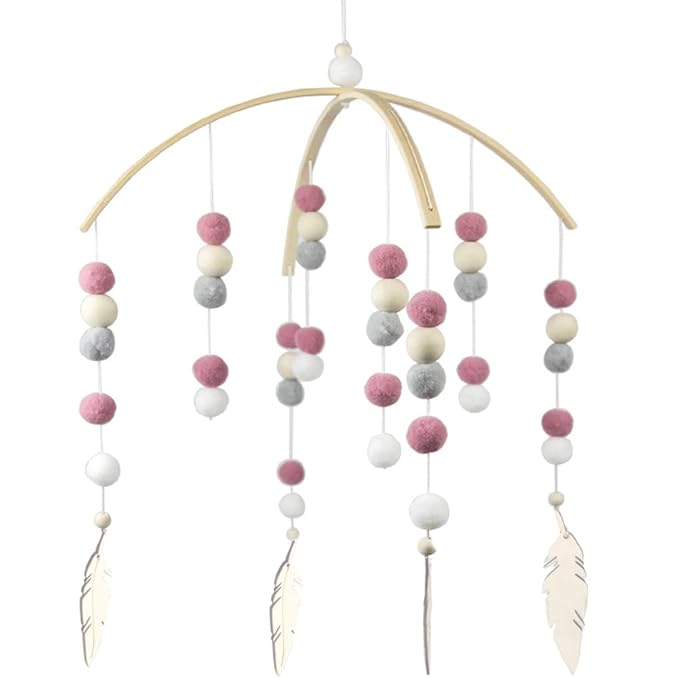 WAYUTO Neutral Handmade Felt Ball Ceiling Mobile - Deep-Pink Leaf Design