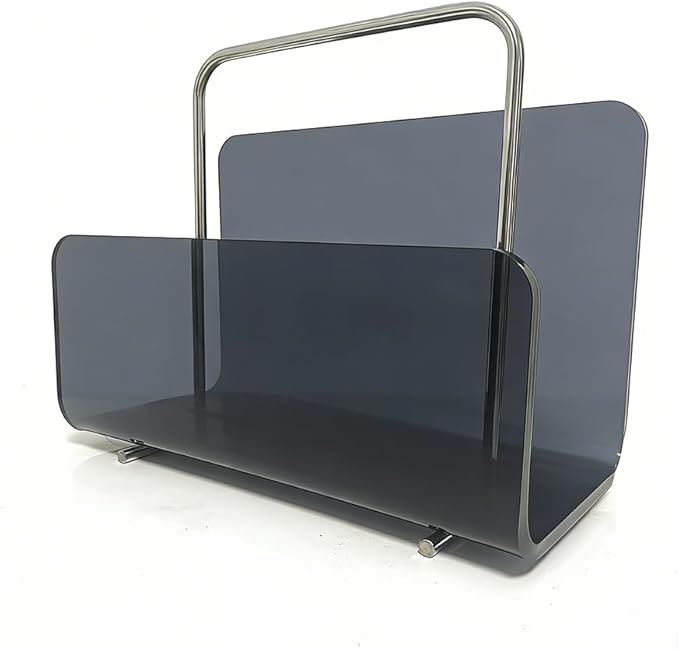 Magazine Holder, Brown Clear Acrylic with Stainless Steel Handle, Tabletop Display Stand (Black Transparent)