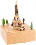 Natural Solid Wood Handcrafted Beech Wooden, Musical FigureTotoro/Carousel/Fairy/Ballerina Figurine,Rotating Hand Crank Mechanism Music Box,Musical Decorations (Eiffel Tower)