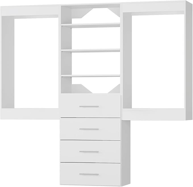 ROOMTEC Modular Closet System, 60" Wall-Mounted Closet Organizer with Drawers and Hanging Rods, Wooden Tower for Walk-In Closets, Wardrobe Storage Kit, White