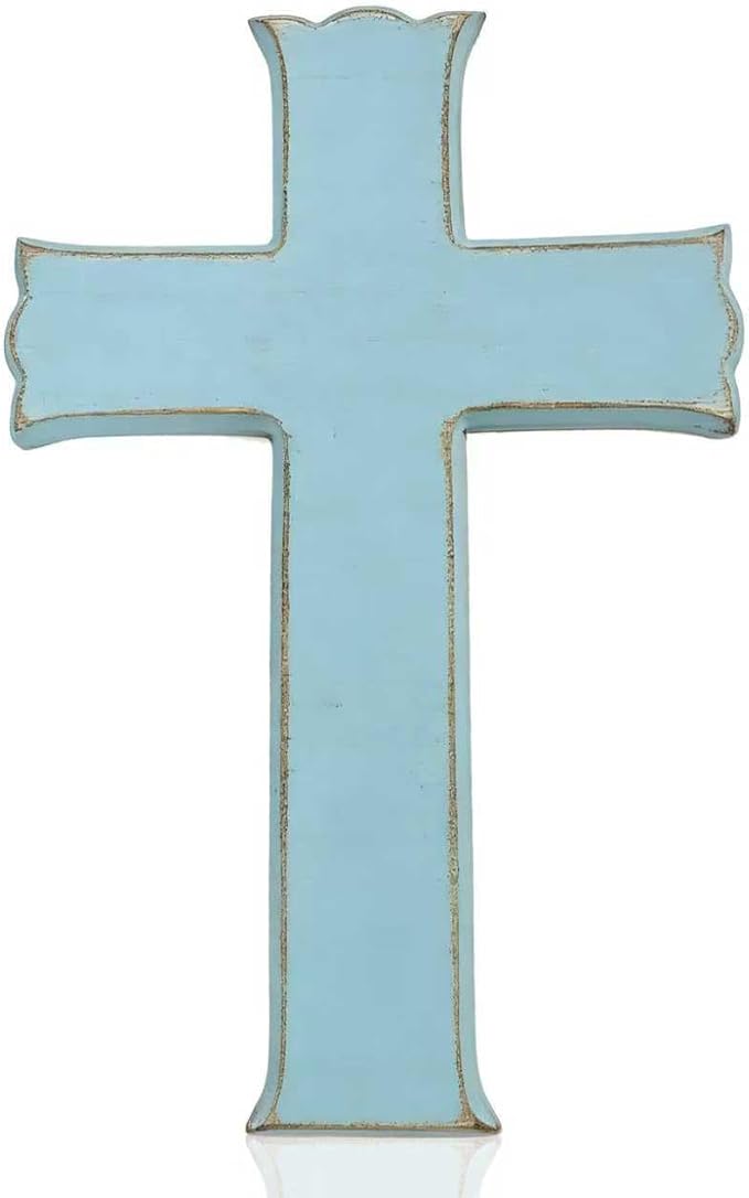 Bltgh Blue Wooden Cross Wall Decor, Religious Cross Gifts With Hook on Hanging Wall Or Table, Confirmation Cross Gift, Baptism Gifts, Rustic Home Church Room Crosses Décor, 10x6.5 IN