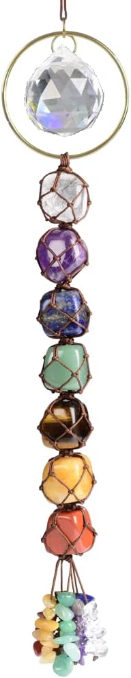Handmade Crystal Window Car Hanging Ornaments 7 Chakra Home Decoration Feng Shui Ornament Yoga Meditation Car Decoration Tumbled Palm Stones (Crystal)