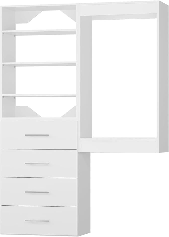 ROOMTEC Modular Closet System, 40" Wall-Mounted Closet Organizer with Drawers and Hanging Rods, Wooden Tower for Walk-In Closets, Wardrobe Storage Kit, White