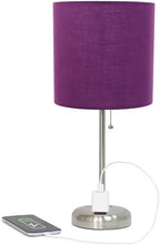 Oslo 19.5" Contemporary Bedside Power Outlet Base Standard Metal Table Desk Lamp in Brushed Steel with Purple Drum Fabric Shade