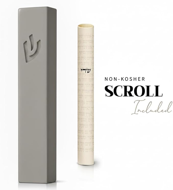 SURI Mezuzah for Door – 7 Inch Light Gray Concrete Mezuzah Case with Printed Scroll, Self-Stick Jewish Entry Design, Fits a 6 Inch Scroll, Gift Box Included